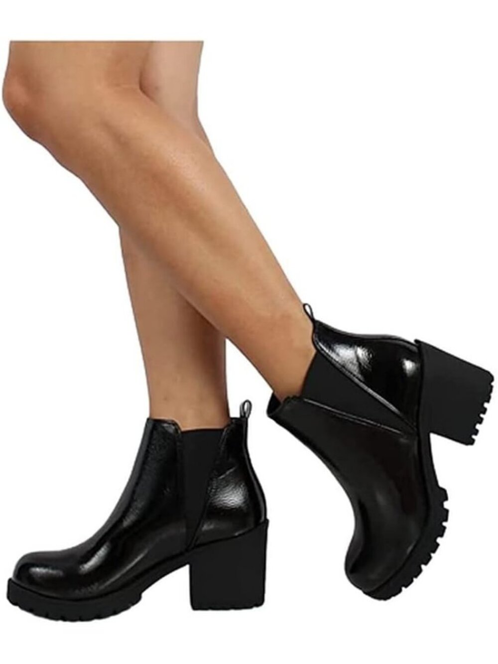 Women's Black Pat Origami Lug Sole Mid Heel Ankle Bootie Double Elastic Boot - Picture 5 of 5